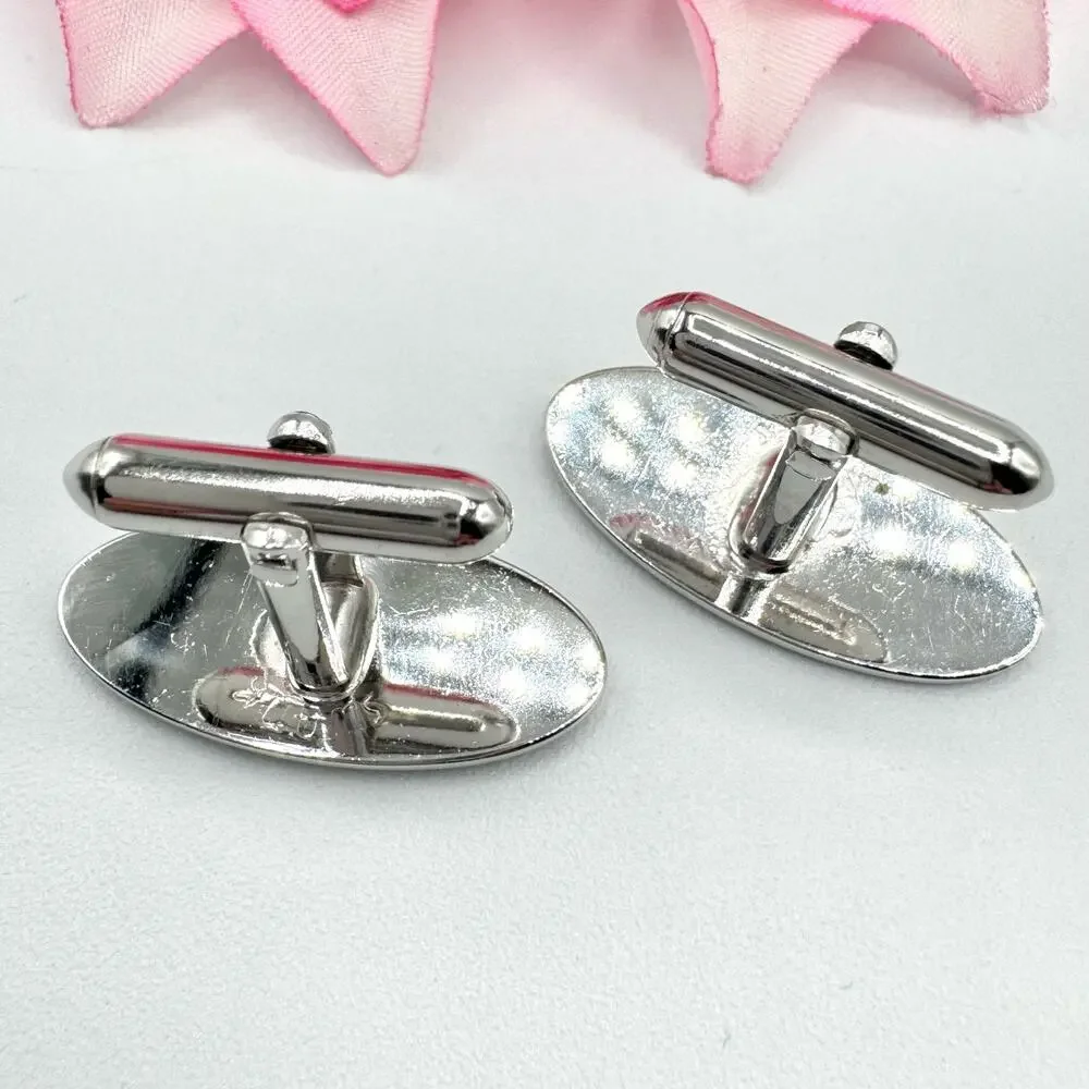 Vintage Swank Cufflinks Matte Shiny Silver Tone Oval Signed Textured Retro Cool
